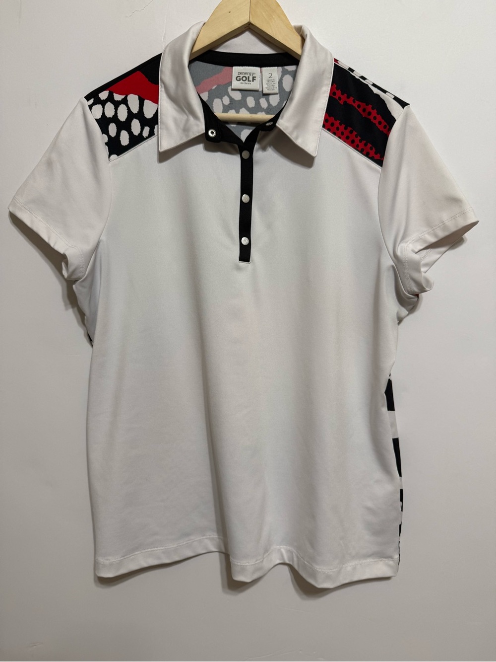 Zenergy by Chicos black, Red & white sporty, gold polo shirt